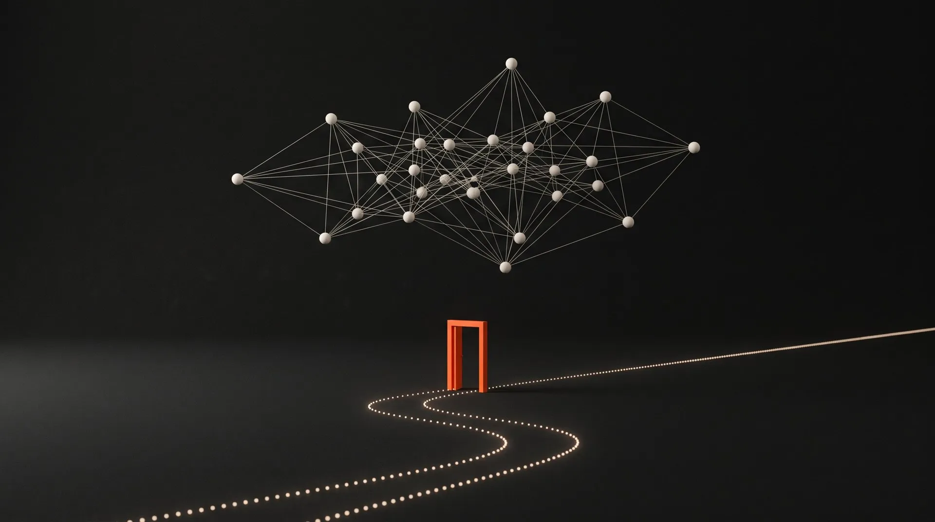 Un grafo de nodos blancos flota sobre un camino de luces que pasa por una única puerta naranja.